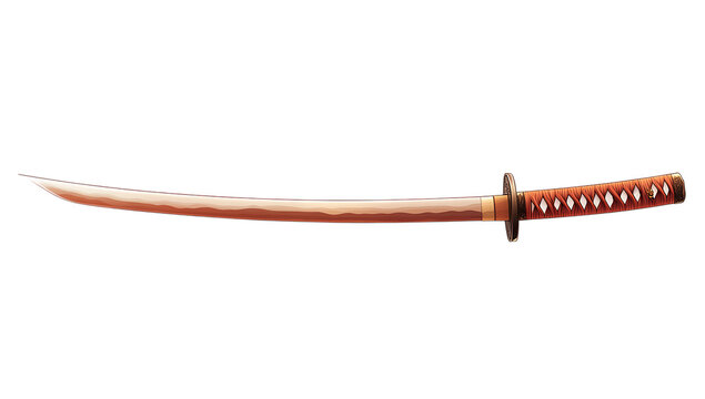 A detailed illustration of a japanese katana sword with a wooden handle and a curved blade isolated on transparent background