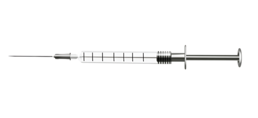 A medical syringe filled with clear liquid and a sharp needle isolated on transparent background