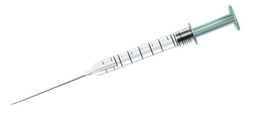 A medical syringe filled with clear liquid and a sharp needle isolated on transparent background