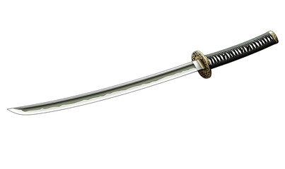 A detailed realistic depiction of a japanese katana sword with a black hilt and ornate guard isolated on transparent background