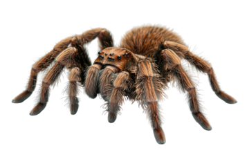 Detailed, hairy, brown tarantula with eight legs spread, isolated on black backdrop