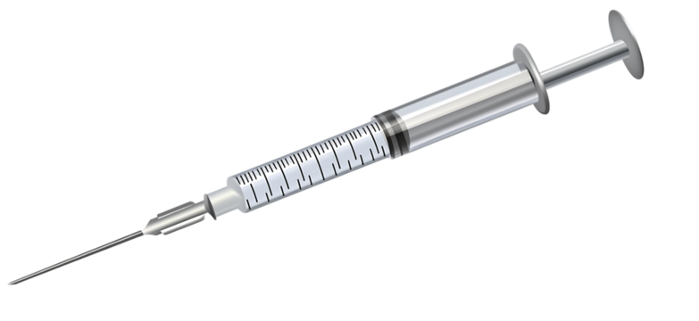 A detailed realistic medical syringe with a sharp needle and clear barrel filled with a patterned liquid isolated on transparent background - Powered by Adobe