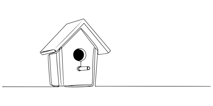 Continuous one line drawing of bird house, symbolizing time and nature, line art style vector illustration.