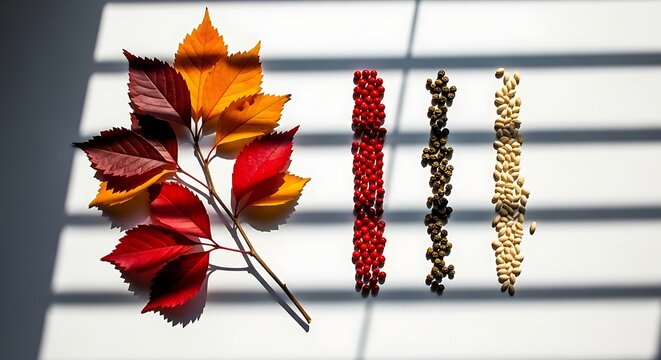 Autumn leaves and rows of colorful peppercorns and seeds arranged on a white surface fall foliage