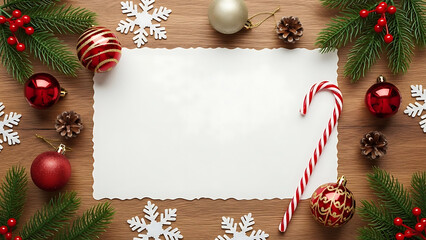 Obraz premium Christmas Card with Festive Ornaments and Greenery on a Wooden Background