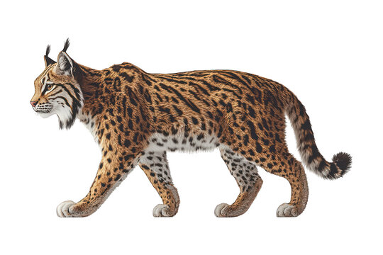 Illustrated bobcat with mottled fur, profile view, walking on a black background