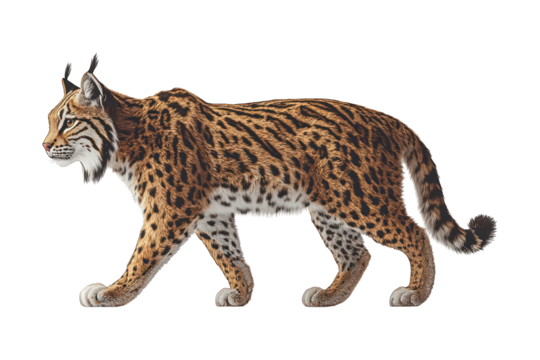 Illustrated bobcat with mottled fur, profile view, walking on a black background