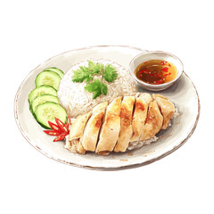 Watercolor isometric artwork featuring Hainanese Chicken Rice, presented on white background.