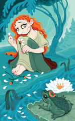 A girl picks a daisy, watching a toad. Vector cartoon illustration.