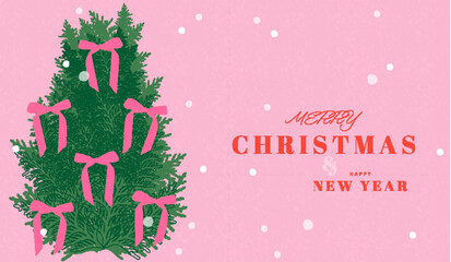 Vintage Christmas Tree Decorated with Pink Ribbons &ndash; Retro Holiday Illustration.