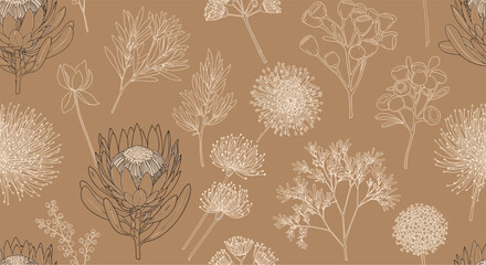 Seamless botanical pattern with detailed outlines of diverse fynbos flora including protea and eucalyptus, in neutral tones on an earthy brown backdrop.