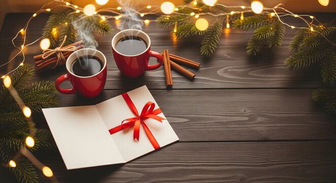 Cozy Christmas morning with steaming coffee, cinnamon sticks, and a heartfelt card, perfect for holiday greetings and festive designs