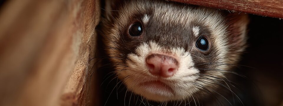 Curious ferret peeking out from behind wooden boards in cozy space