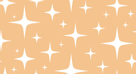 Elegant and playful seamless pattern featuring bright white four-pointed stars and subtle sparkles scattered across a soft peach background.