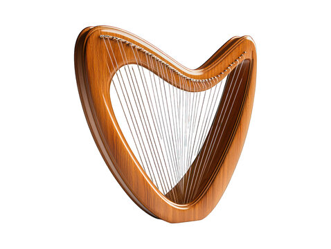 Ornate wooden harp with many strings, isolated on black backdrop