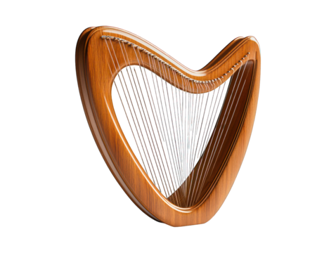 Ornate wooden harp with many strings, isolated on black backdrop