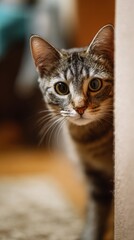 Obraz premium Curious cat peeking around a corner in a cozy home environment during the afternoon