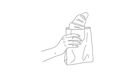 Hand holding a paper bag with a freshly baked croissant, representing a quick breakfast or a bakery takeaway in a simple line art style.
