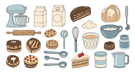 A charming illustration features baking ingredients, essential kitchen tools, and a variety of homemade cakes, cookies, and pastries.