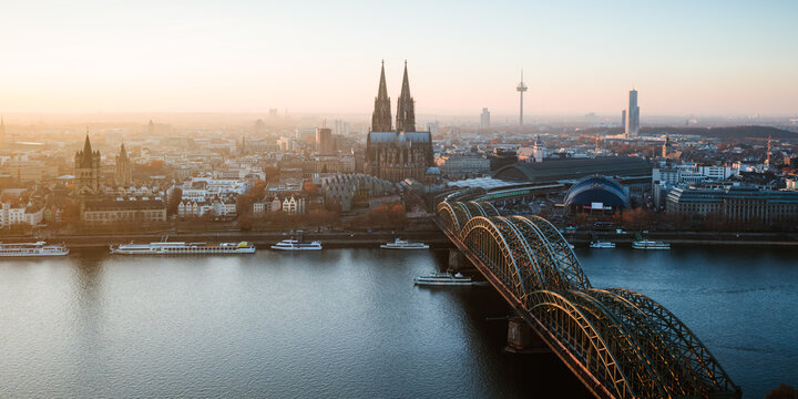 Panoramic of skyline at sunset, Cologne, Germany