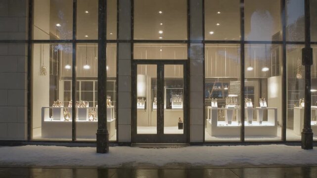 ジュエリー店の外観には、柔らかなスポットライトが品よく輝き、
フロストガラスの縁には繊細な反射が浮かび上がる。
