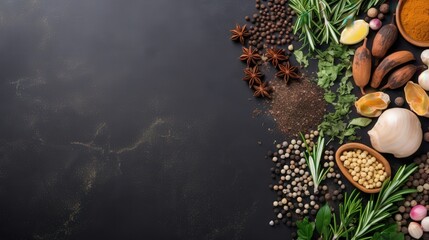 A vibrant arrangement of various spices, herbs, and cocoa on a dark surface, showcasing the rich diversity of culinary ingredients.