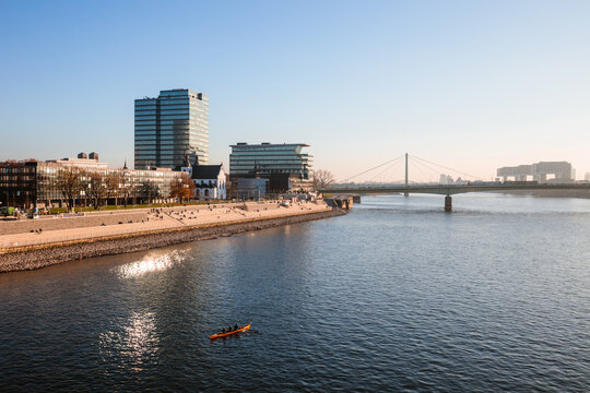Deutz Bridge and riverbank on the Rhine, Cologne, Germany