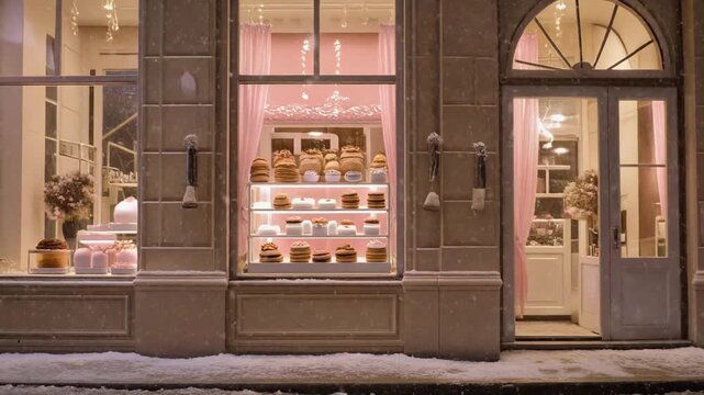パステルカラーの光に包まれたパティスリーのウィンドウディスプレイが、
静かに舞い落ちる雪と溶け合い、上品で温かな外観トーンを演出する。