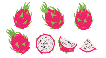 Vibrant illustrations of whole and sliced pink dragon fruit with white flesh and black seeds, displayed against a clean white background.