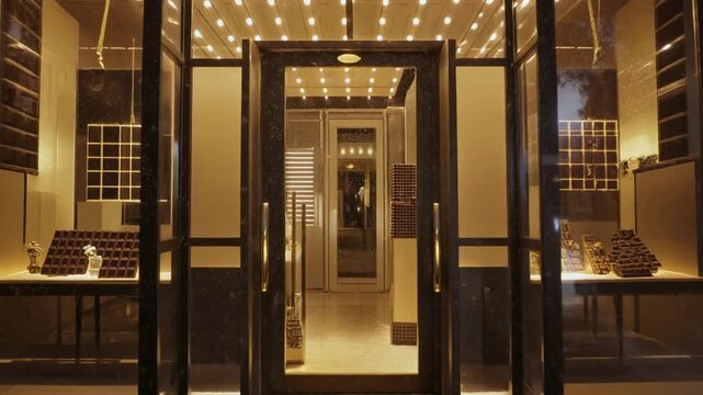 金色の照明に包まれたチョコレートブティックの入口を、
軽い雪が舞い落ちる中でガラス扉に映る反射とともに描写。