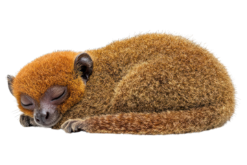 Sleeping brown monkey curled up in a fetal position, eyes closed, isolated image