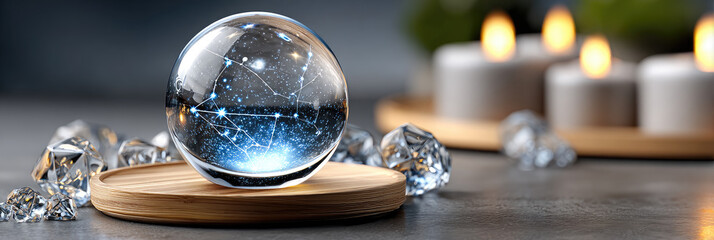Astrology forecast scene with glowing crystal ball reflecting zodiac constellations, warm candlelight and mystical magical atmosphere, fortune telling concept, copy space