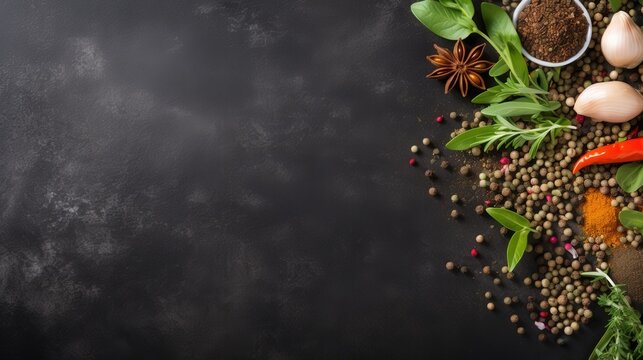 A vibrant arrangement of spices and herbs on a dark background, showcasing a variety of colors and textures ideal for culinary inspiration.
