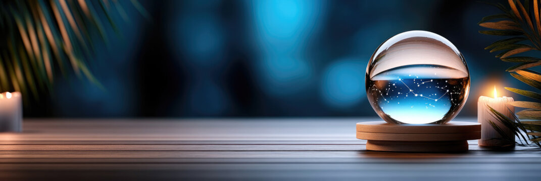 Astrology forecast scene with glowing crystal ball reflecting zodiac constellations, warm candlelight and mystical magical atmosphere, fortune telling concept, copy space