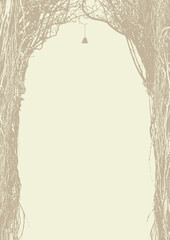 Naklejka premium Vector frame with a realistic tree, banyan, or ficus with roots and branches in a gothic or grunge style. Space for inscription. Magical, fairytale, and mystical. Halloween party poster. No ai