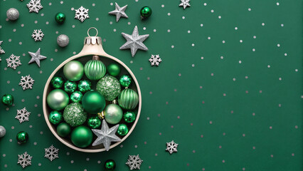 green and silver Christmas ornaments sits in a bowl surrounded by sparkling stars and snowflakes on a vibrant green background christmas greeting card with copyspace