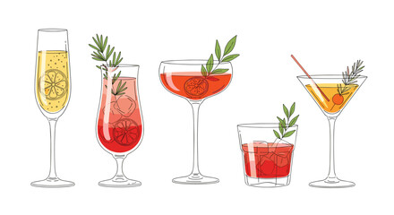 A vibrant collection of five diverse alcoholic cocktails, each beautifully garnished in distinct glasses, perfect for celebrations and social gatherings.