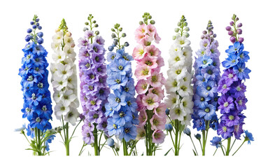 Assorted colorful vibrant Delphinium flower spikes on a transparent background creating a beautiful floral arrangement