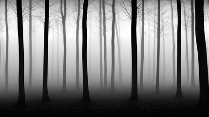 Obraz premium A moody black and white capture of fog-drenched trees in a serene forest.