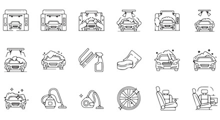 Fototapeta premium Set of Car Wash Outline Icons Including Exterior Cleaning, Interior Detailing, Equipment, and Services for Vehicle Maintenance and Care
