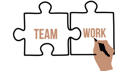 Concept of Teamwork with Interlocking Puzzle Pieces and a Hand Drawing, Depicting Collaboration and Problem Solving as Important