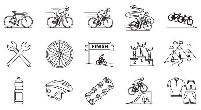 Black and white bicycle elements illustration including cyclists, mountain biking, accessories and maintenance tools for cycling enthusiasts