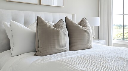 Luxurious layered bedding featuring soft quilted accent pillows against a white tufted headboard