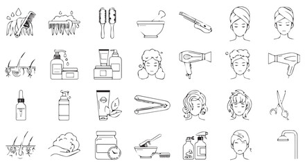 Fototapeta premium Various hair care and beauty product icons in black and white line art, depicting a holistic beauty routine
