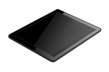 A sleek modern tablet device with a dark screen and metallic frame isolated on transparent background