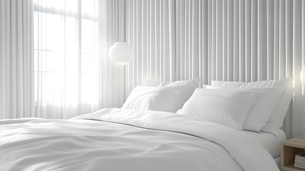 Luxurious bedroom interior features soft white bedding against a vertically paneled headboard wall