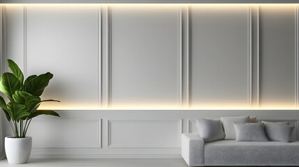 Minimalist interior space features neoclassical wall paneling illuminated by hidden lighting and furnished with a contemporary sofa and potted foliage