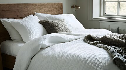 Inviting bedroom setup features crisp white bedding against a rustic wooden headboard