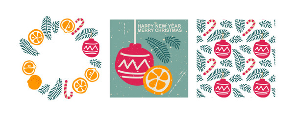 Festive designs with oranges, orange slices, spruce branches, candy canes. Christmas Seamless pattern, round frame, card. Hand drawn Doodle vector illustration with for holiday cards, winter designs.