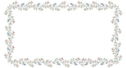 Delicate floral border design with soft pastel leaves and tiny blue blossoms